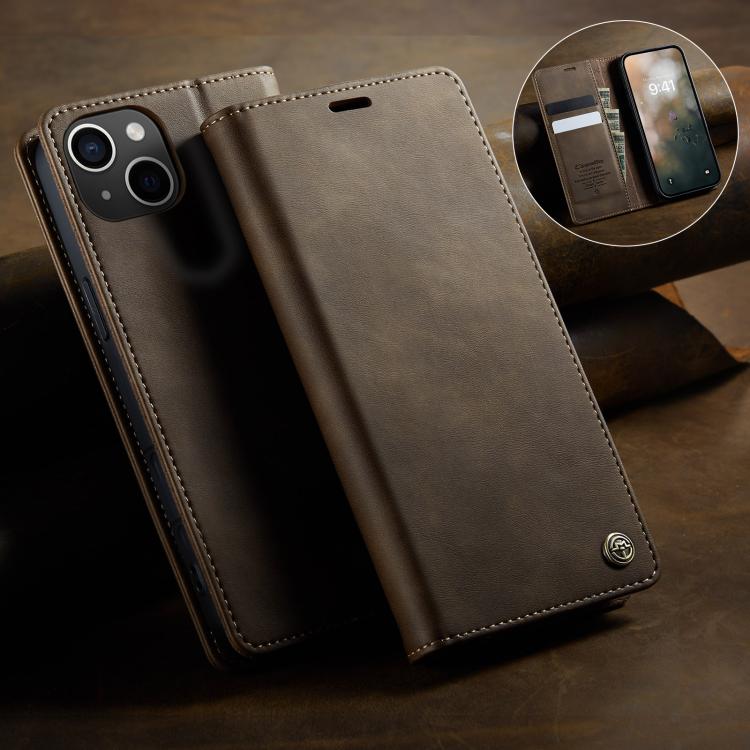 For iPhone 15 Plus CaseMe 033 Calf Leather Lining Microfibre RFID Blocking Phone Case