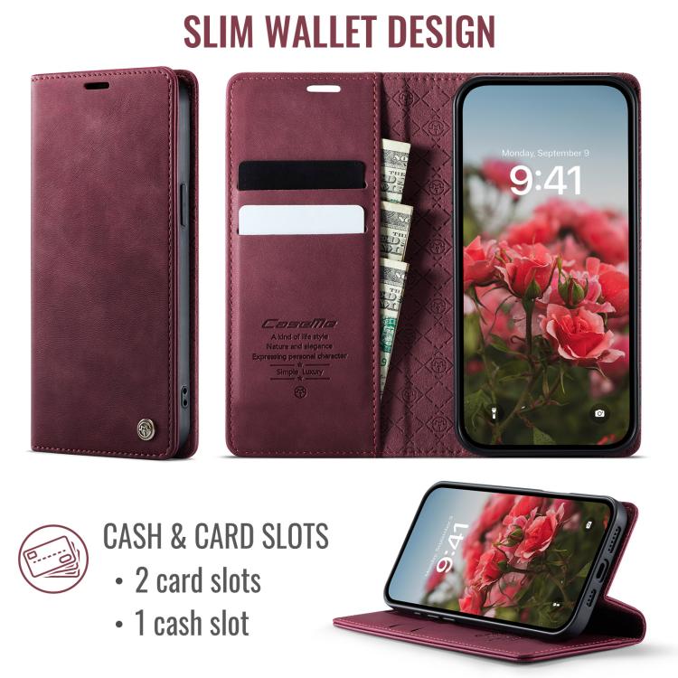 For iPhone 15 Plus CaseMe 033 Calf Leather Lining Microfibre RFID Blocking Phone Case