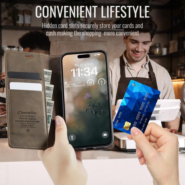 For iPhone 15 Pro Max CaseMe 033 Calf Leather Lining Microfibre RFID Blocking Phone Case