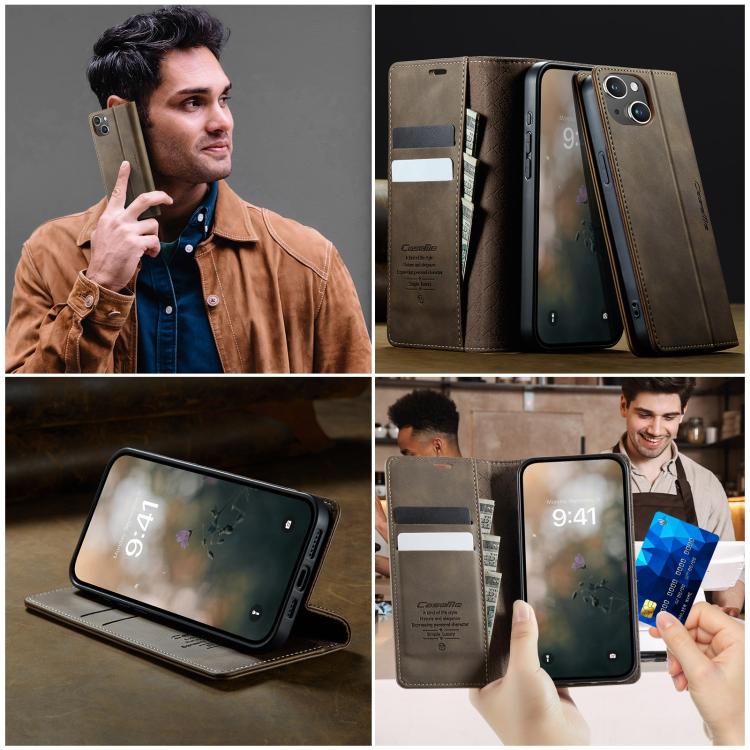 For iPhone 14 CaseMe 033 Calf Leather Lining Microfibre RFID Blocking Phone Case