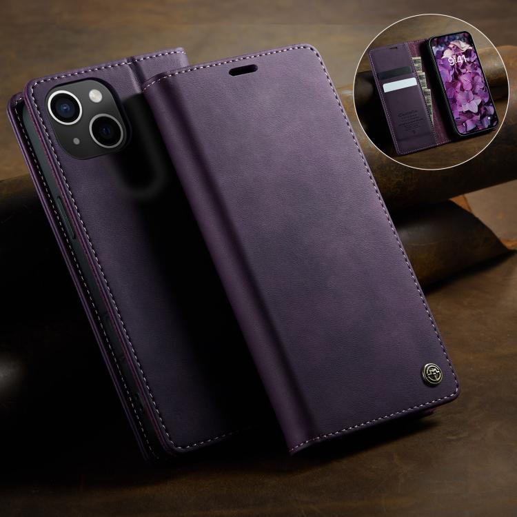 For iPhone 14 Plus CaseMe 033 Calf Leather Lining Microfibre RFID Blocking Phone Case