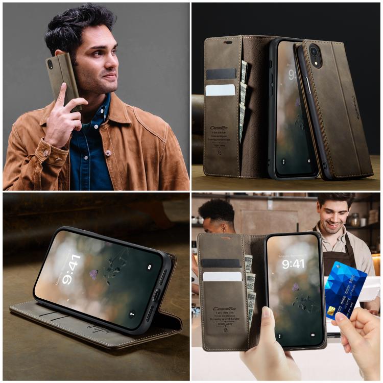 For iPhone XR CaseMe 033 Calf Leather Lining Microfibre RFID Blocking Phone Case