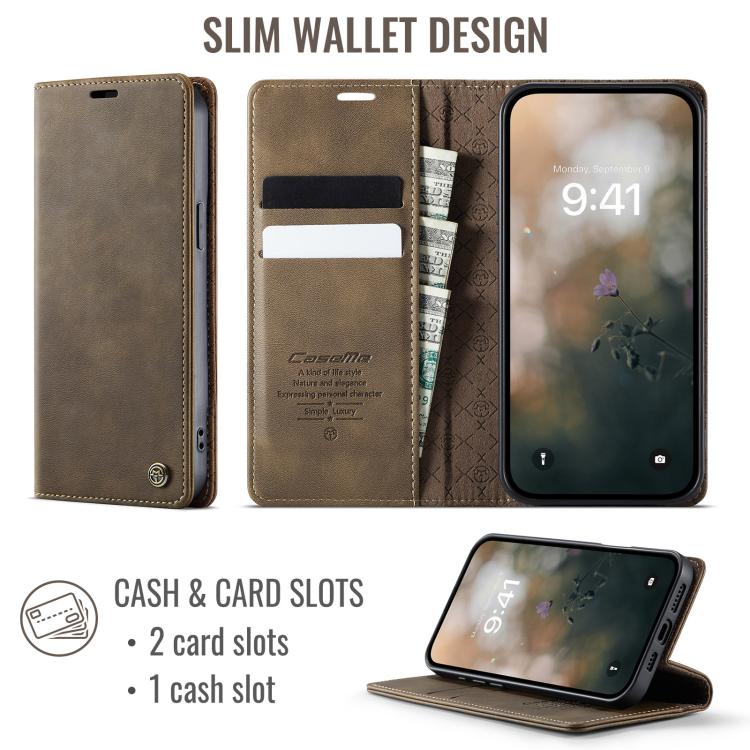 For iPhone 13 CaseMe 033 Calf Leather Lining Microfibre RFID Blocking Phone Case