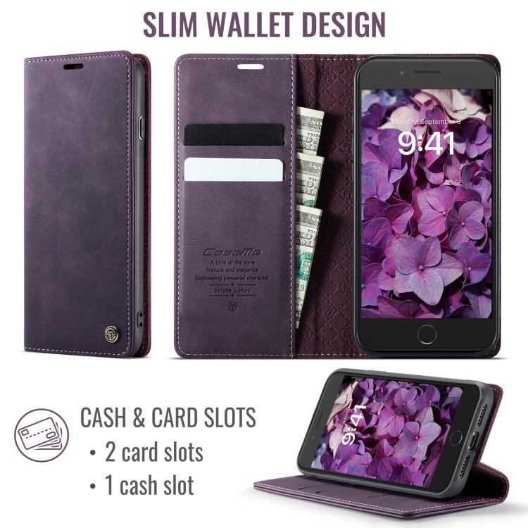 For iPhone SE 2022 / 8 / 7 CaseMe 033 Calf Leather Lining Microfibre RFID Blocking Phone Case