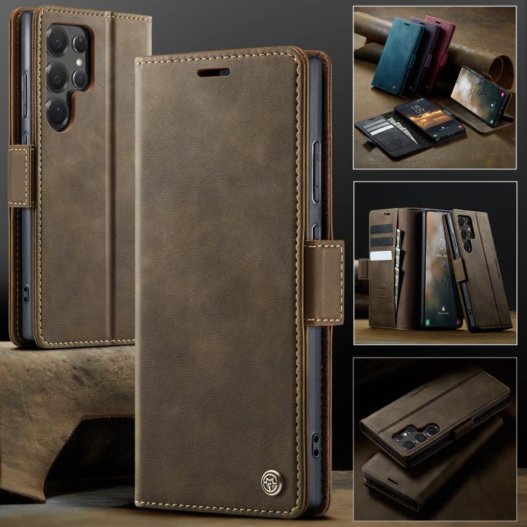 For Samsung Galaxy S22 Ultra 5G CaseMe 033 Calf Leather Lining Microfibre RFID Blocking Phone Case