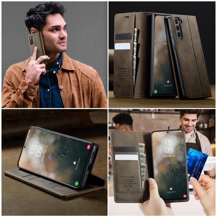 For Samsung Galaxy S21 FE 5G CaseMe 033 Calf Leather Lining Microfibre RFID Blocking Phone Case