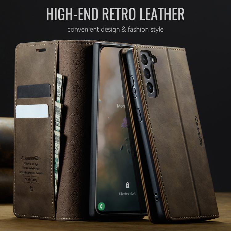 For Samsung Galaxy S21 FE 5G CaseMe 033 Calf Leather Lining Microfibre RFID Blocking Phone Case