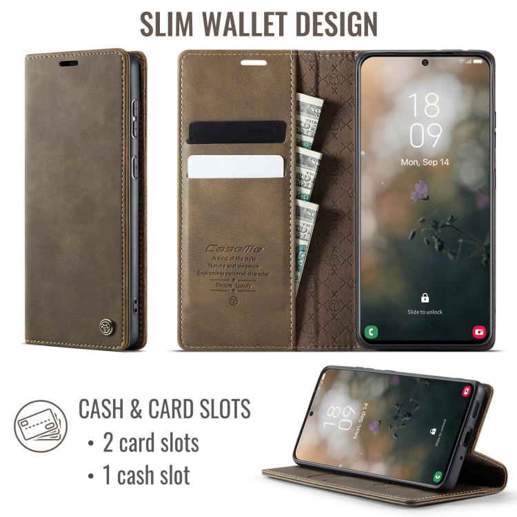 For Samsung Galaxy S21 5G CaseMe 033 Calf Leather Lining Microfibre RFID Blocking Phone Case