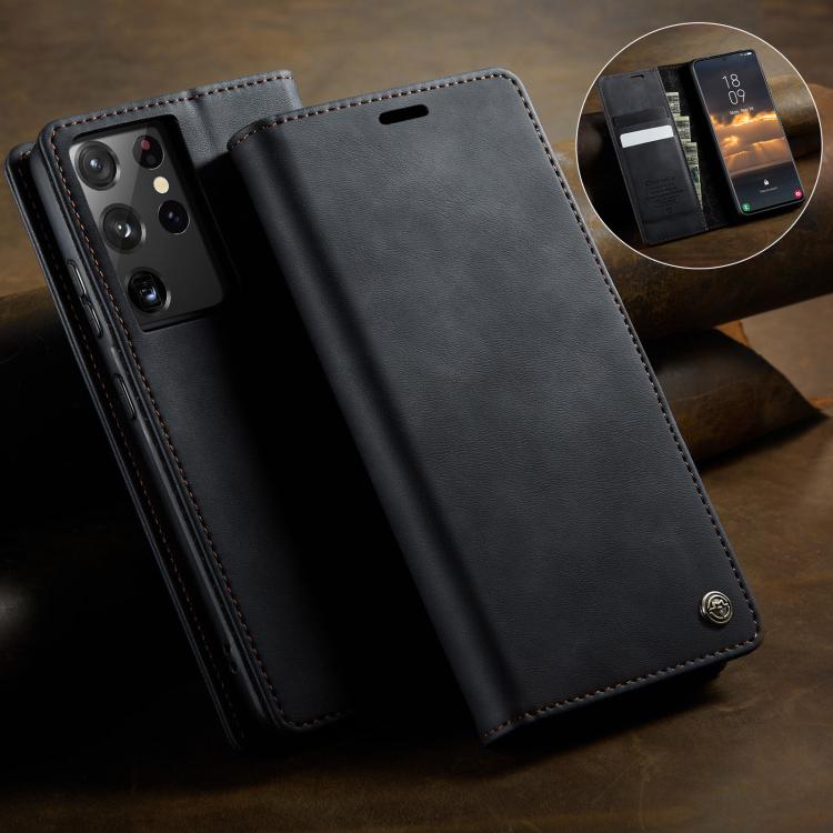 For Samsung Galaxy S21 Ultra 5G CaseMe 033 Calf Leather Lining Microfibre RFID Blocking Phone Case