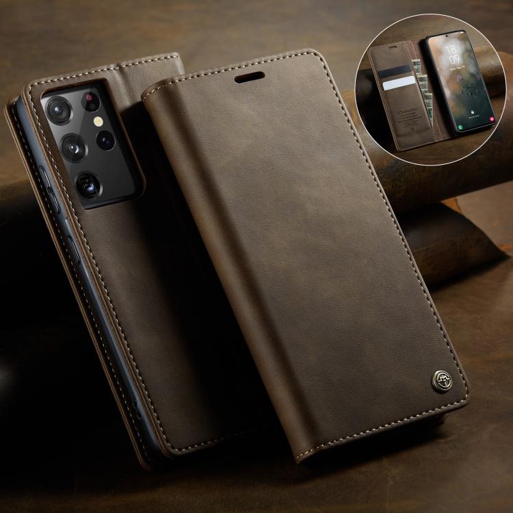 For Samsung Galaxy S21 Ultra 5G CaseMe 033 Calf Leather Lining Microfibre RFID Blocking Phone Case