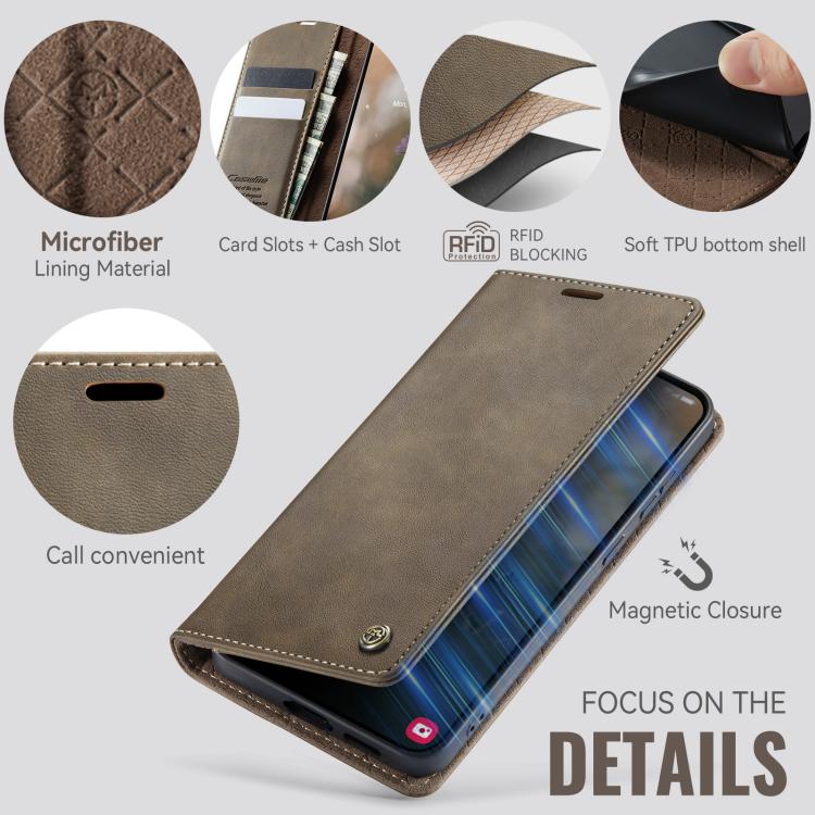 For Samsung Galaxy S23 5G CaseMe 033 Calf Leather Lining Microfibre RFID Blocking Phone Case