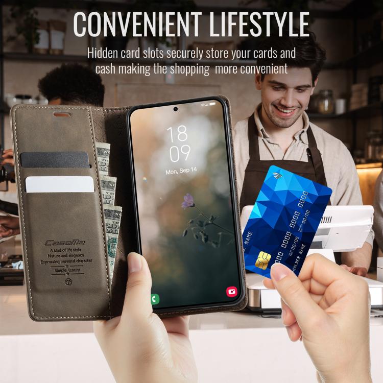 For Samsung Galaxy S23 5G CaseMe 033 Calf Leather Lining Microfibre RFID Blocking Phone Case