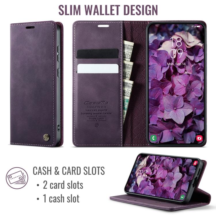 For Samsung Galaxy S23 5G CaseMe 033 Calf Leather Lining Microfibre RFID Blocking Phone Case