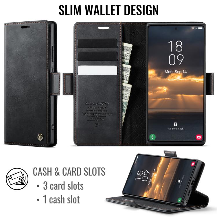 For Samsung Galaxy S23 Ultra 5G CaseMe 033 Calf Leather Lining Microfibre RFID Blocking Phone Case