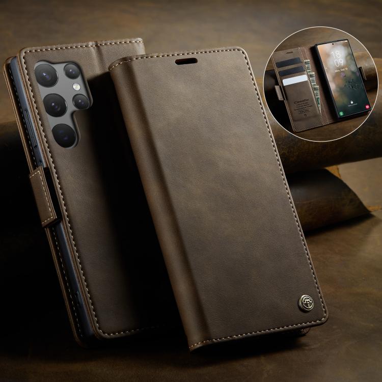 For Samsung Galaxy S23 Ultra 5G CaseMe 033 Calf Leather Lining Microfibre RFID Blocking Phone Case