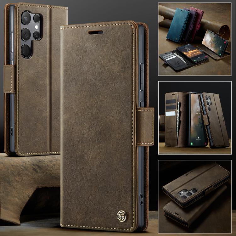For Samsung Galaxy S23 Ultra 5G CaseMe 033 Calf Leather Lining Microfibre RFID Blocking Phone Case