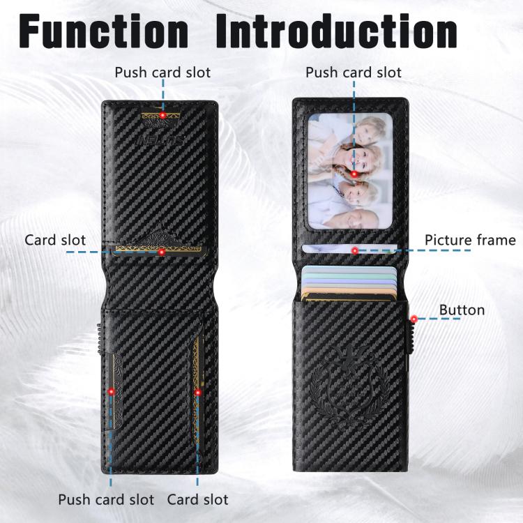 The Suteni carbon fiber pattern button automatically pops out the veneered printed card box - Black
