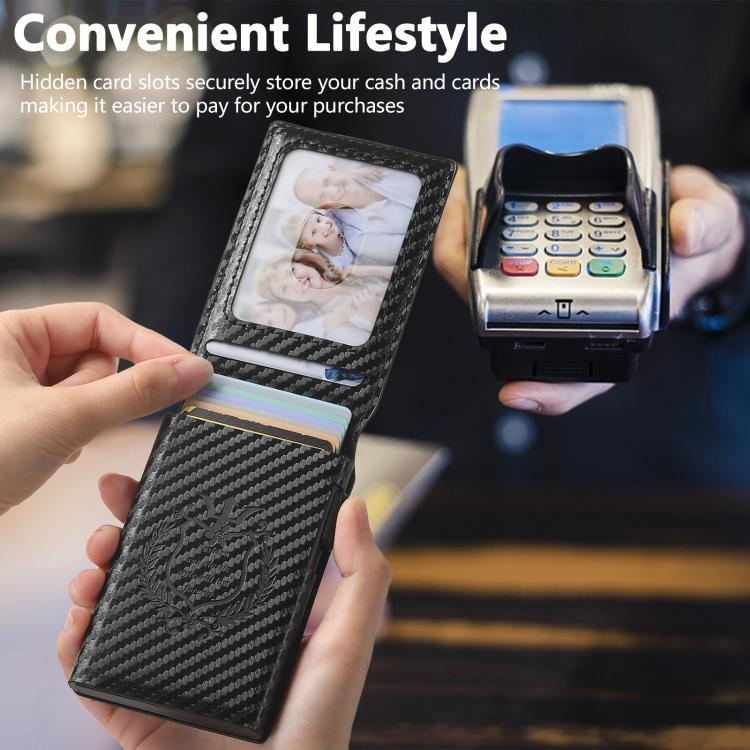 The Suteni carbon fiber pattern button automatically pops out the veneered printed card box - Black