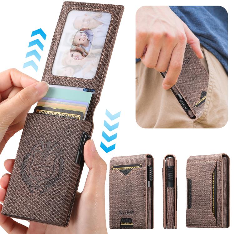The Suteni denim pattern button automatically pops out the veneered printed card box