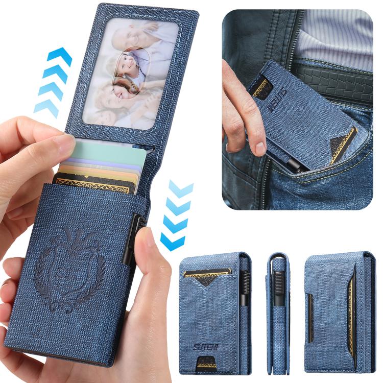 The Suteni denim pattern button automatically pops out the veneered printed card box