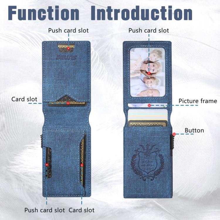 The Suteni denim pattern button automatically pops out the veneered printed card box