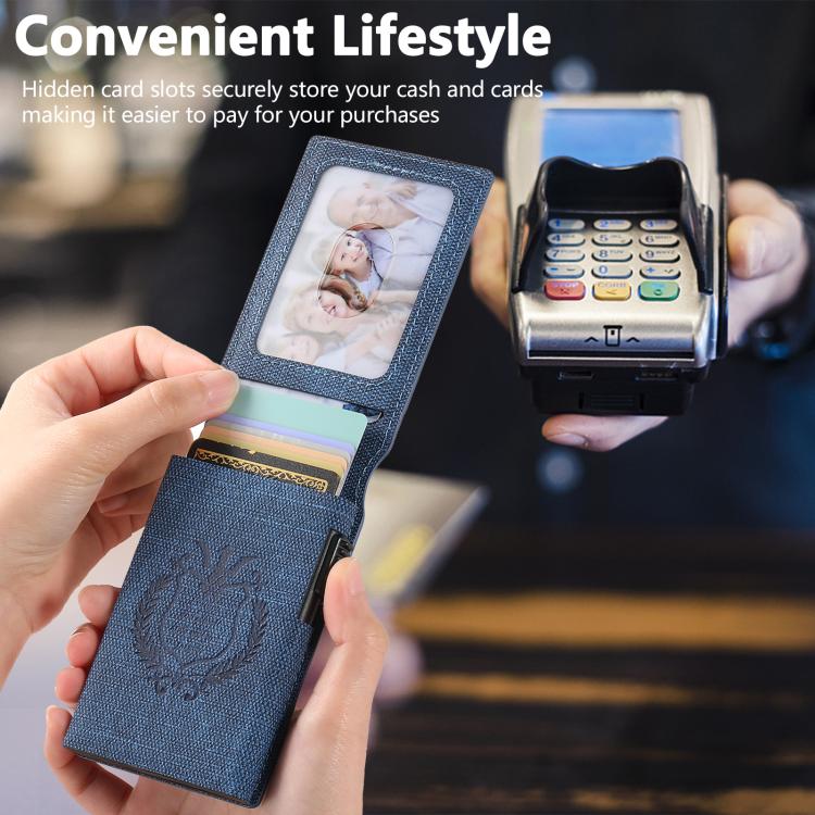 The Suteni denim pattern button automatically pops out the veneered printed card box