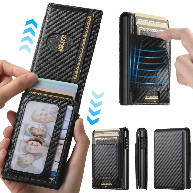 The Suteni carbon fiber pattern button automatically pops out the elastic band card box - Black