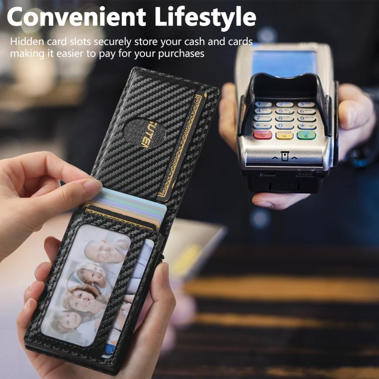 The Suteni carbon fiber pattern button automatically pops out the elastic band card box - Black