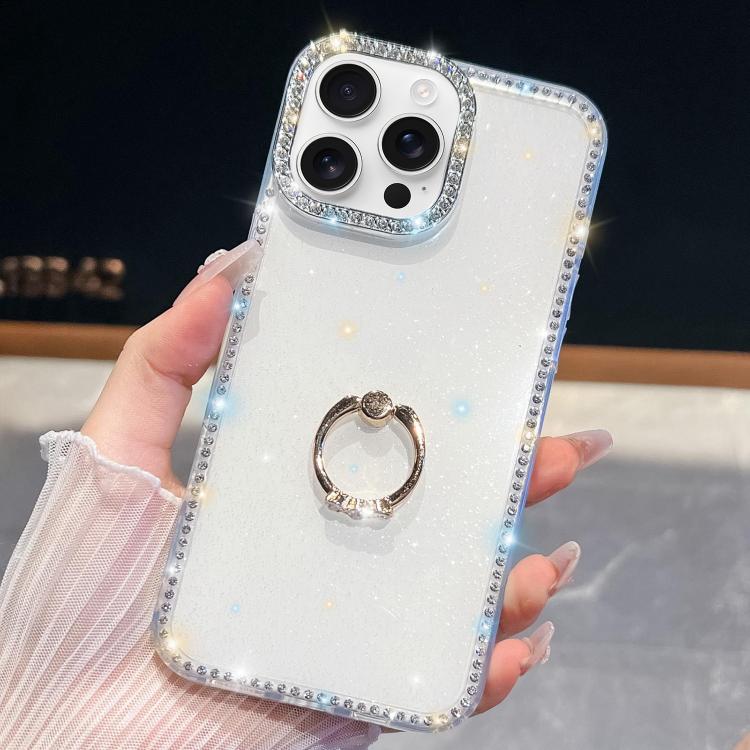 For iPhone 16 Pro Rhinestone Glitter TPU Ring Holder Anti-fall Phone Case