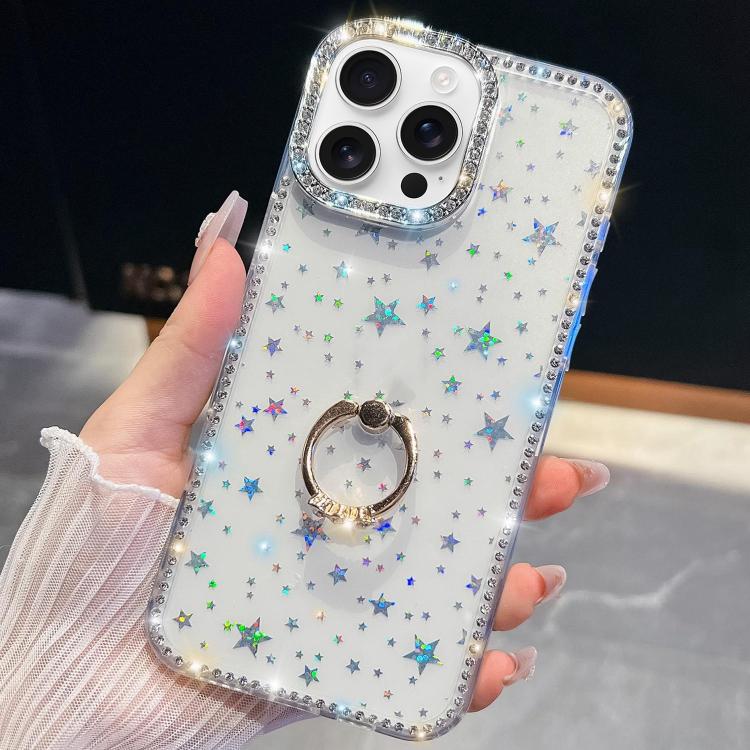 For iPhone 16 Pro Rhinestone Glitter TPU Ring Holder Anti-fall Phone Case