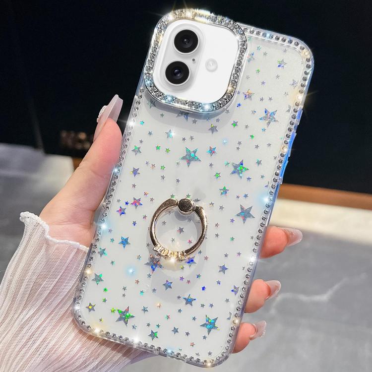 For iPhone 16 Rhinestone Glitter TPU Ring Holder Anti-fall Phone Case