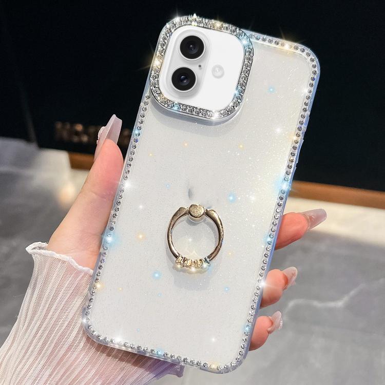 For iPhone 16 Rhinestone Glitter TPU Ring Holder Anti-fall Phone Case