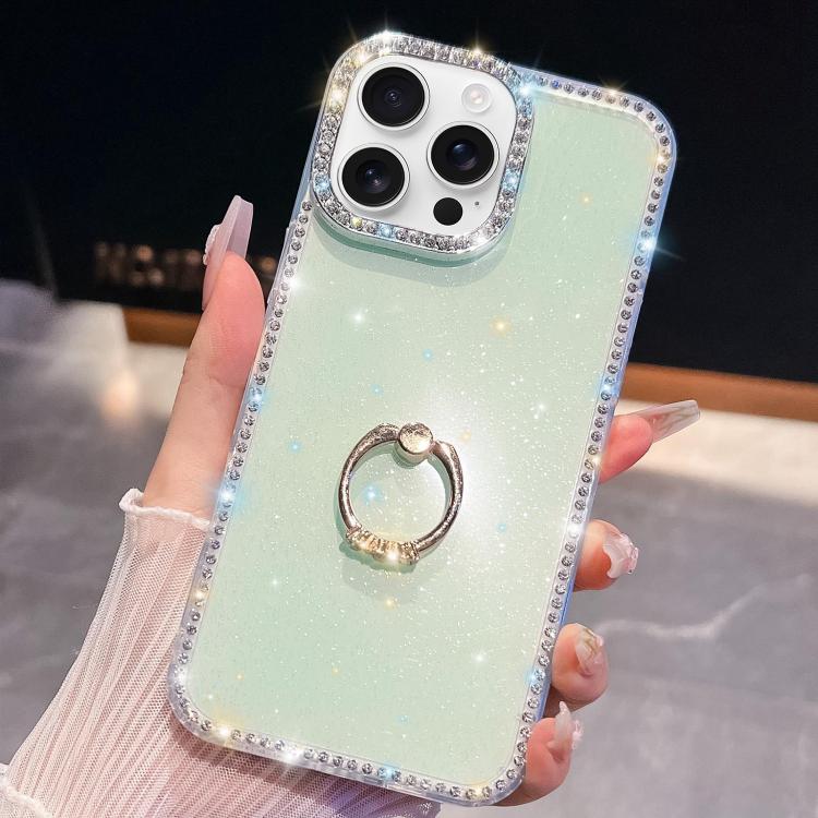 For iPhone 15 Pro Max Rhinestone Glitter TPU Ring Holder Anti-fall Phone Case