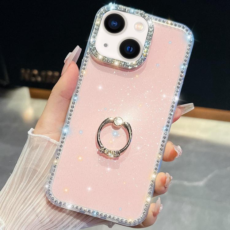 For iPhone 15 Rhinestone Glitter TPU Ring Holder Anti-fall Phone Case