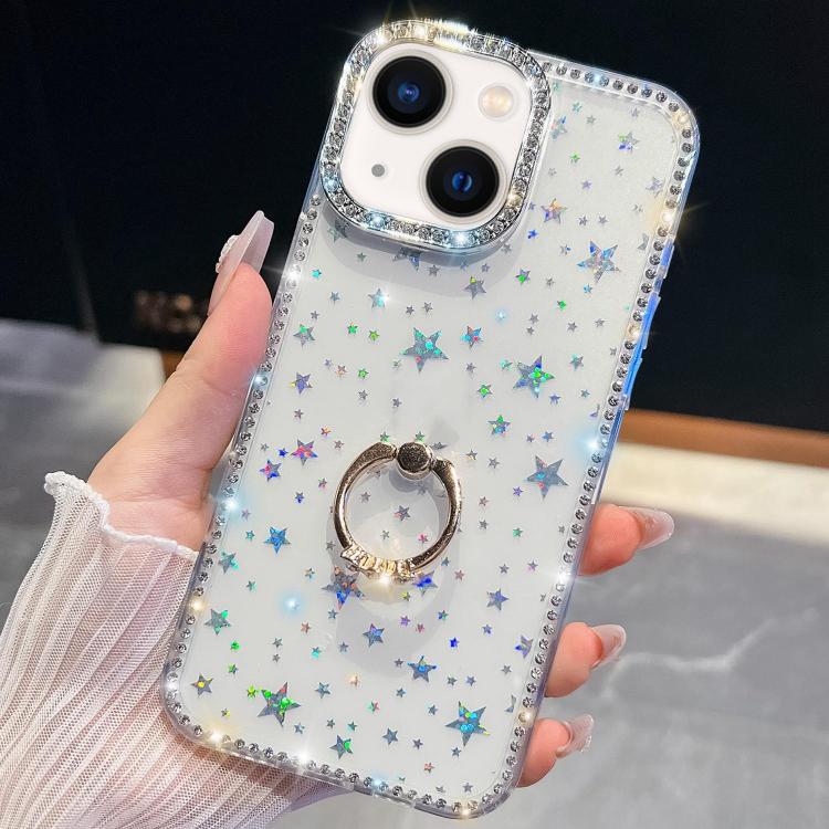 For iPhone 14 Rhinestone Glitter TPU Ring Holder Anti-fall Phone Case