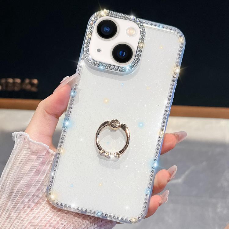 For iPhone 13 Rhinestone Glitter TPU Ring Holder Anti-fall Phone Case