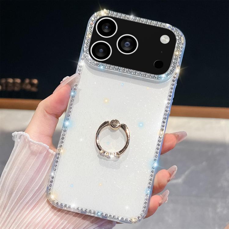For iPhone 17 Pro Max Rhinestone Glitter TPU Ring Holder Anti-fall Phone Case