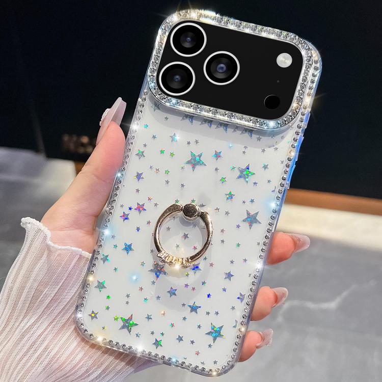 For iPhone 17 Pro Rhinestone Glitter TPU Ring Holder Anti-fall Phone Case