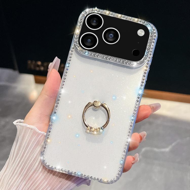 For iPhone 17 Pro Rhinestone Glitter TPU Ring Holder Anti-fall Phone Case