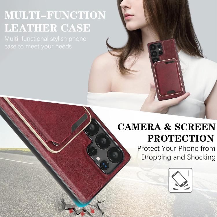 For Samsung Galaxy S24 Ultra 5G Kalebol Slim MagSafe Ring Magnetic Card Bag Leather Phone Case