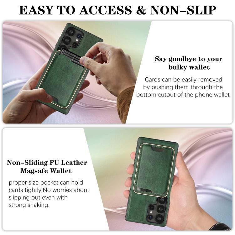 For Samsung Galaxy S24 Ultra 5G Kalebol Slim MagSafe Ring Magnetic Card Bag Leather Phone Case