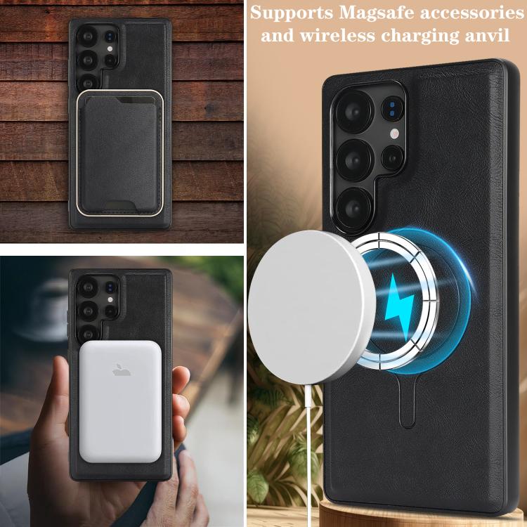 For Samsung Galaxy S23 Ultra 5G Kalebol Slim MagSafe Ring Magnetic Card Bag Leather Phone Case