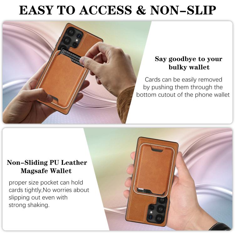 For Samsung Galaxy S23 Ultra 5G Kalebol Slim MagSafe Ring Magnetic Card Bag Leather Phone Case