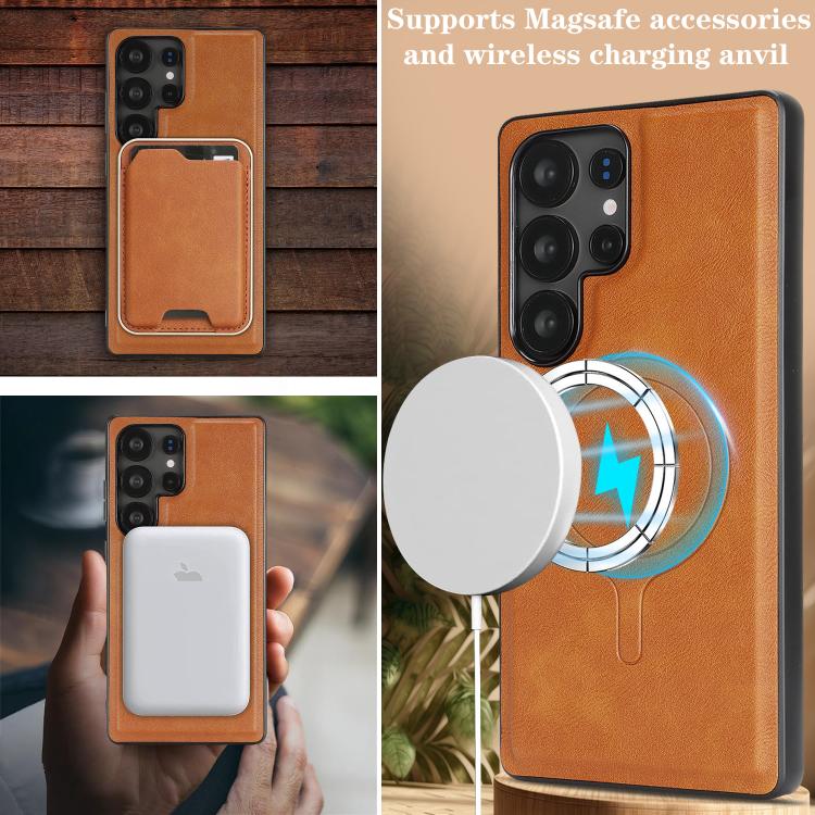 For Samsung Galaxy S23 Ultra 5G Kalebol Slim MagSafe Ring Magnetic Card Bag Leather Phone Case