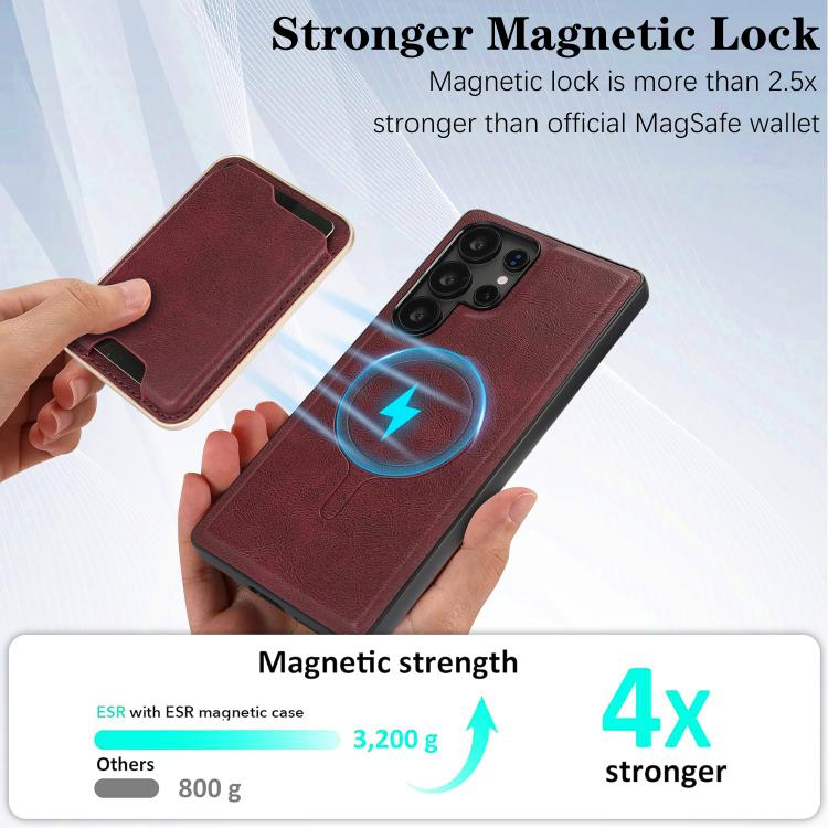 For Samsung Galaxy S23 Ultra 5G Kalebol Slim MagSafe Ring Magnetic Card Bag Leather Phone Case