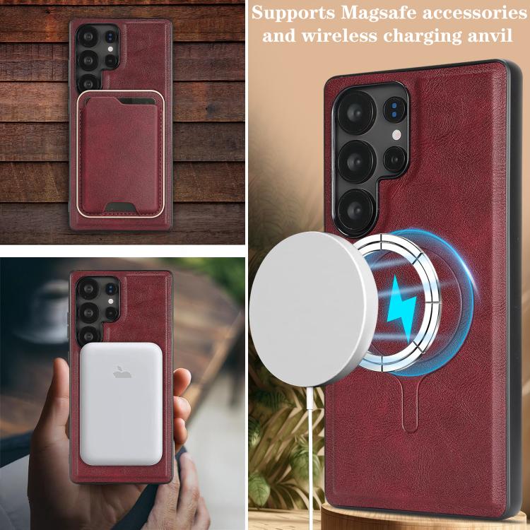 For Samsung Galaxy S23 Ultra 5G Kalebol Slim MagSafe Ring Magnetic Card Bag Leather Phone Case