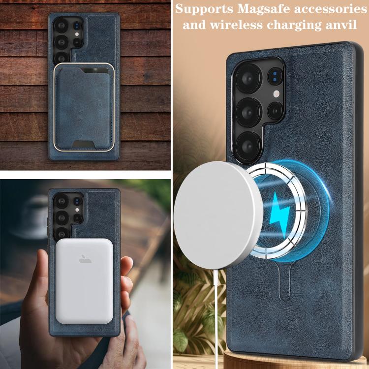 For Samsung Galaxy S23 Ultra 5G Kalebol Slim MagSafe Ring Magnetic Card Bag Leather Phone Case
