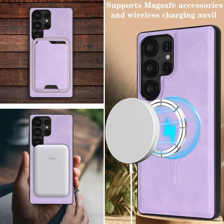 For Samsung Galaxy S23 Ultra 5G Kalebol Slim MagSafe Ring Magnetic Card Bag Leather Phone Case