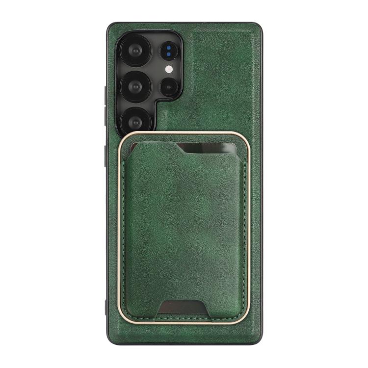 For Samsung Galaxy S22 Ultra 5G Kalebol Slim MagSafe Ring Magnetic Card Bag Leather Phone Case