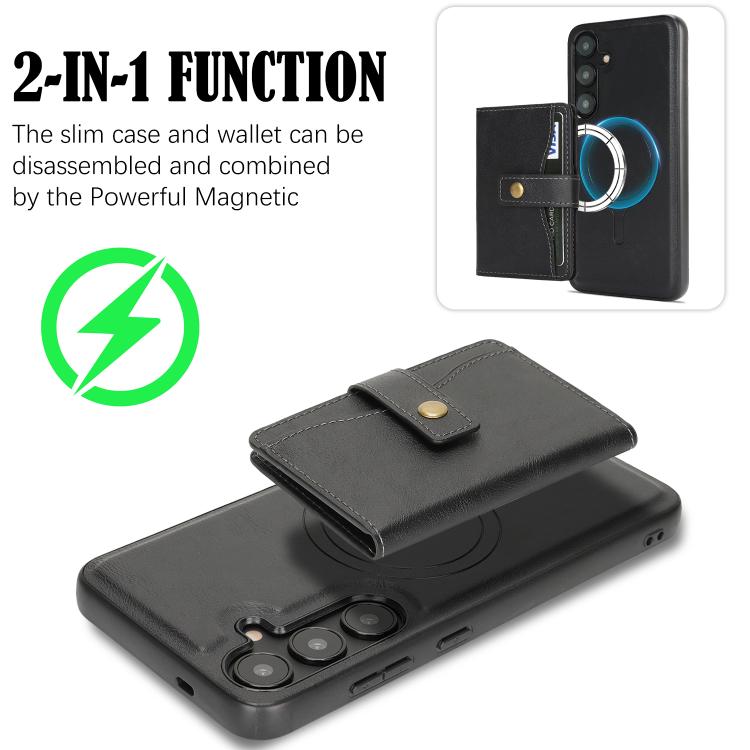 For Samsung Galaxy S25 Edge 5G Kalebol Magnetic Button Card Bag MagSafe Ring Leather Phone Case